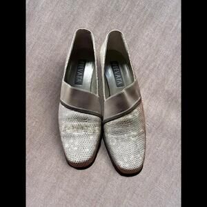 Prevata Tan and Snake Skin Vintage 8N square heeled pumps​​